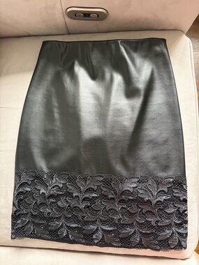 Wolford Black Faux Leather Pencil Skirt with Lace Hem